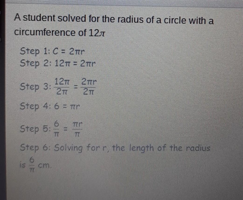 A student solved for the radius of a circle with a circumference of 120 In which step-example-1