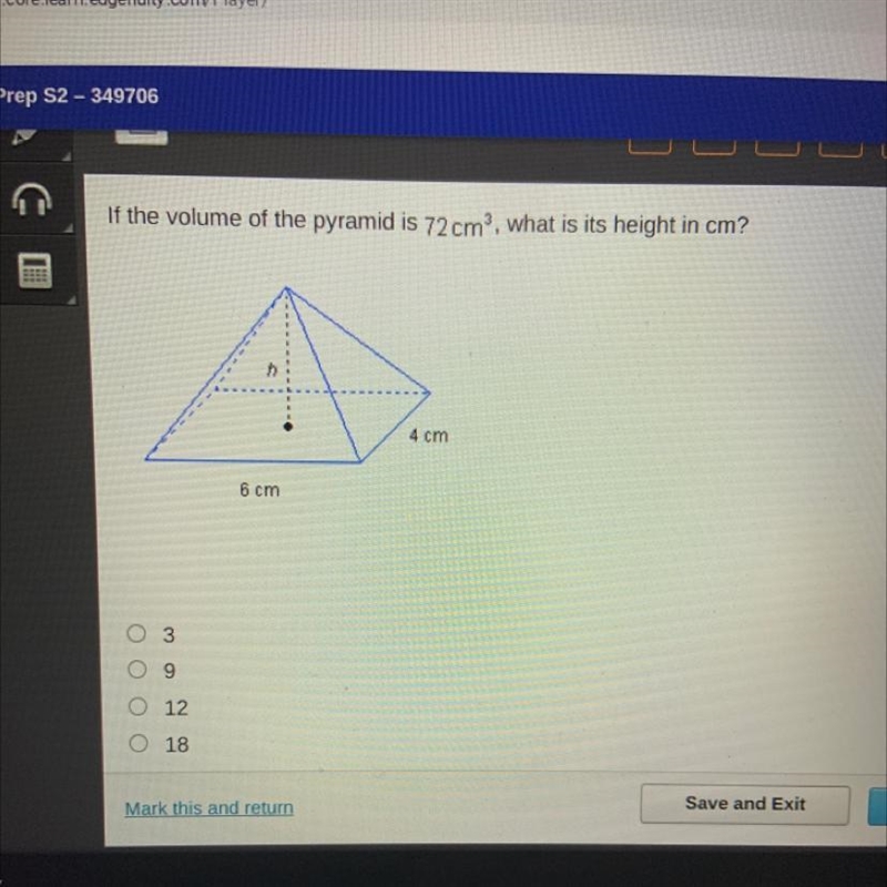 If the volume of the pyramid is 72 cm, what is its height in cm? 4 cm 6 cm 3 9 оооо-example-1