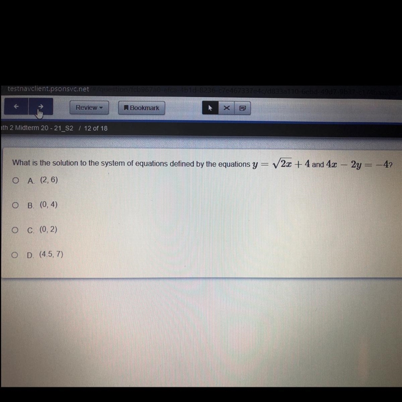 What is the solution to the system of equations defined by equations y = sqrt(2x) + 4 and-example-1