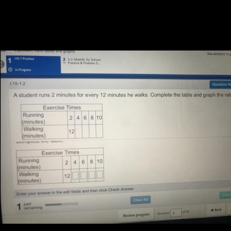 A student runs 2 mins for every 12 minutes he walks.-example-1