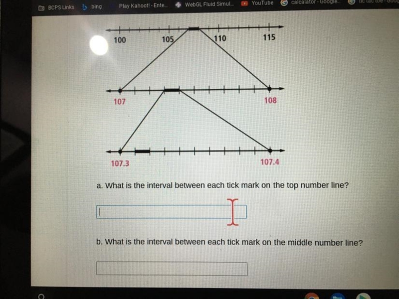 What is the interval between each tick mark on the top number line-example-1