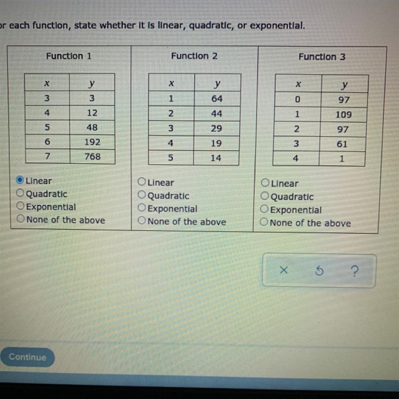 For each function, state whether it is linear, quadratic, or exponential.-example-1