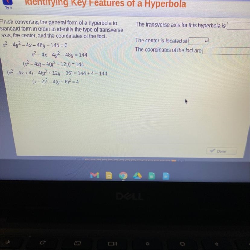 The transverse axis for this hyperbola is The center is located at The coordinates-example-1