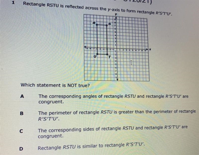 1 Rectangle RSTU is reflected across the y-axis to form rectangle R'ST'U'. Y . R S-example-1