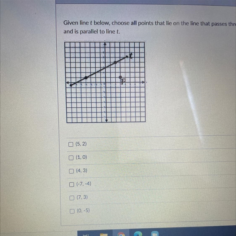 given line t below, choose all points that lie on the line that passes through point-example-1