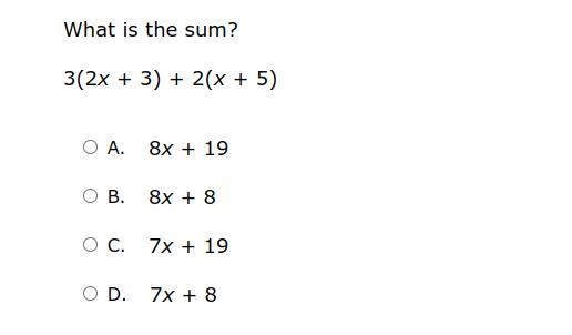 What is the sum? 3(2x + 3) + 2(x + 5)-example-1