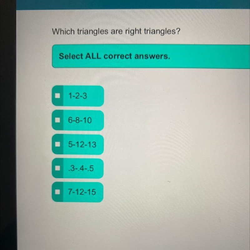 Which triangles are right triangles? Select ALL correct answers.-example-1