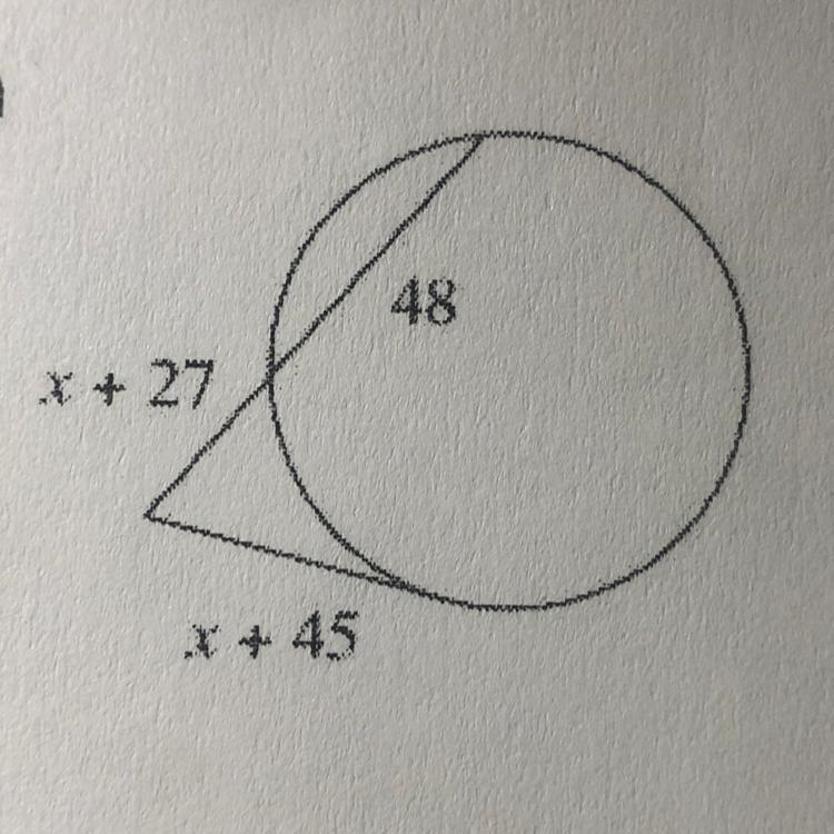 Solve for x. Assume that lines which appear tangent are tangent. Please help!!!!!!-example-1