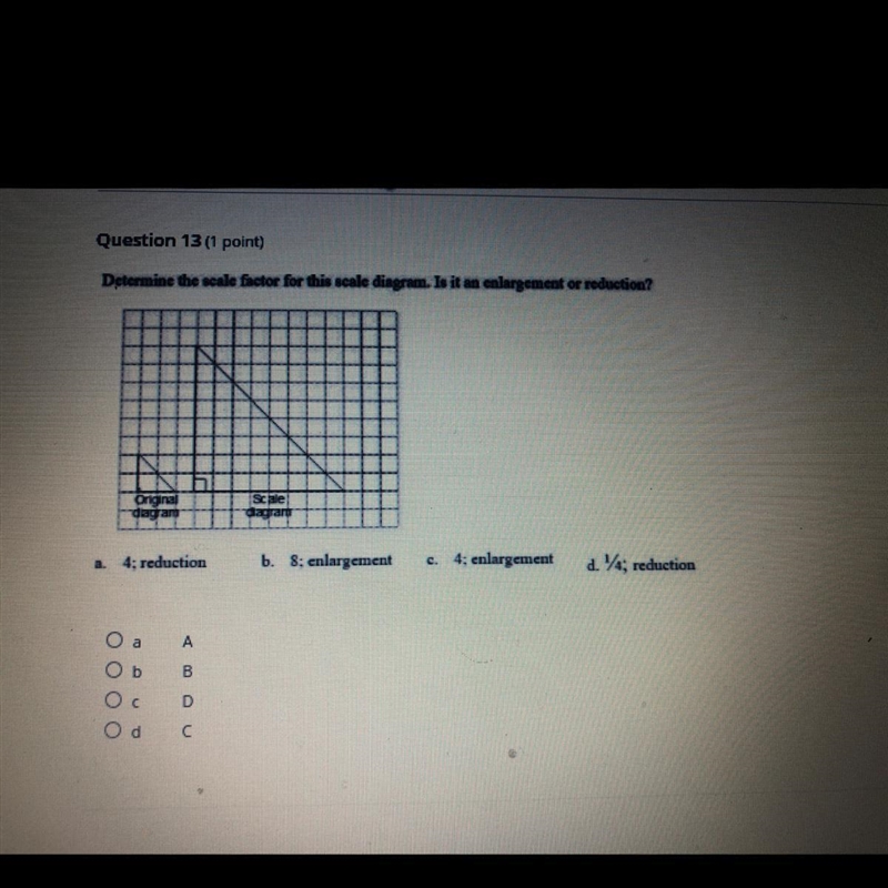 Determine the scale factor for this scale diagram. Is it an enlargement or reduction-example-1