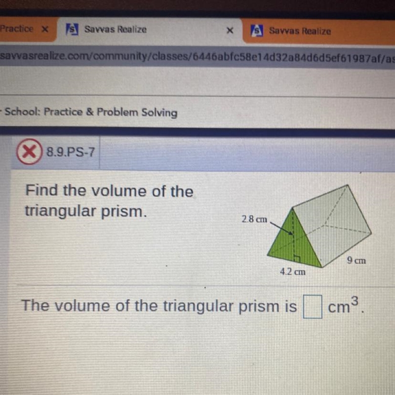 Find the volume of the triangular prism. 2.8 cm 9 cm 4.2 cm The volume of the triangular-example-1