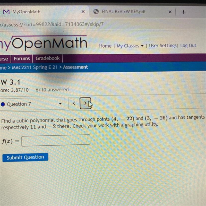 Find a cubic polynomial that goes through points (4, – 22) and (3, - 26) and has tangents-example-1