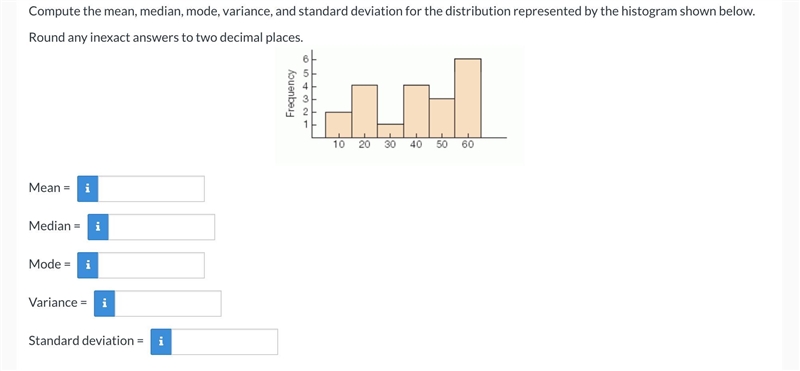 Compute the mean, median, mode, variance, and standard deviation for the distribution-example-1