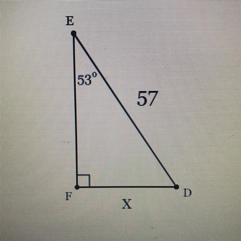 In ADEF, the measure of ZF=90°, the measure of ZE=53°, and DE = 57 feet. Find the-example-1