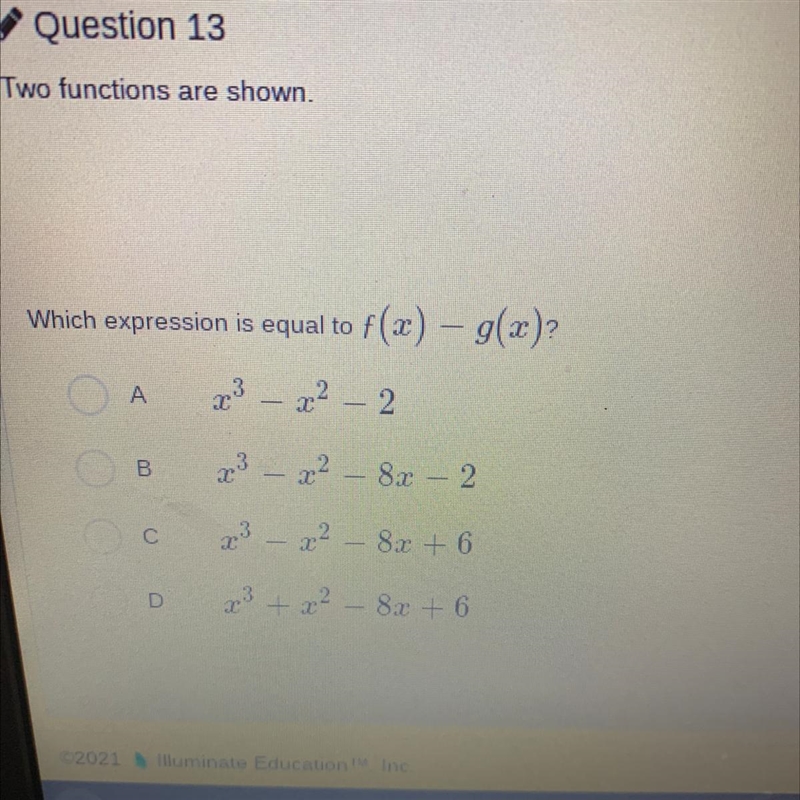 Question 13 Two functions are shown. f(x) = 2:3 - 4x + 2 g(x) = (x – 2) Which expression-example-1