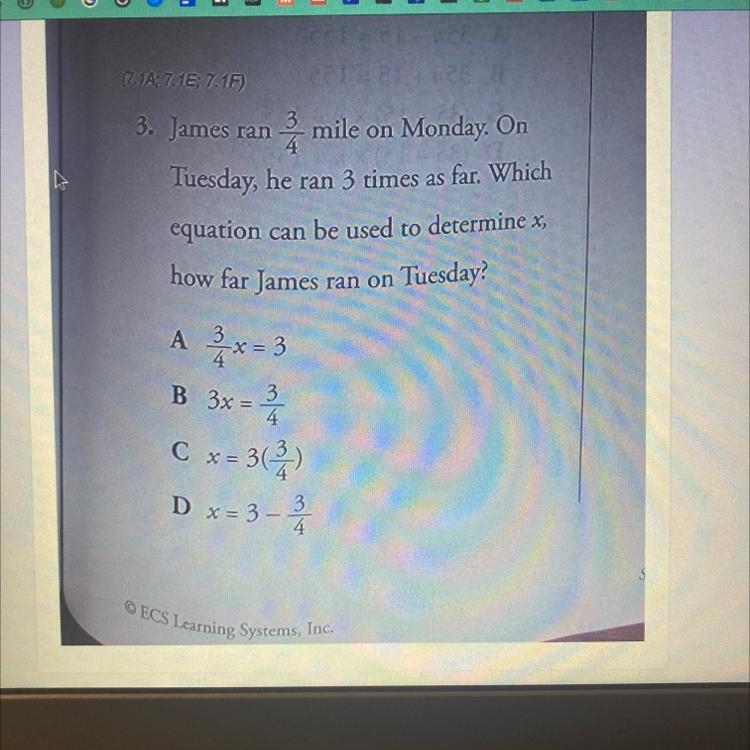 - James ran mile on Monday. On Tuesday, he ran 3 times as far. Which equation can-example-1