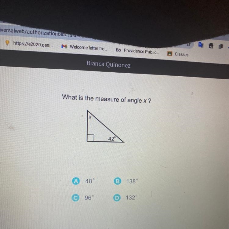 What is the measure of angle x? 42 48 B 138 96 D 132-example-1