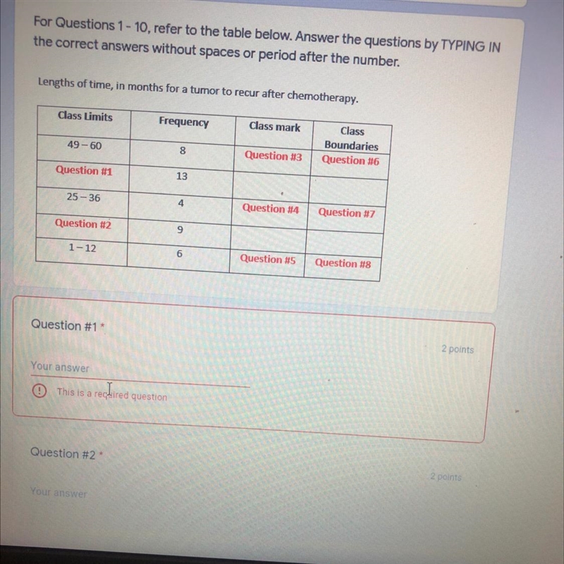 Lengths of time, in months for a tumor to recur after chemotherapy I need answers-example-1