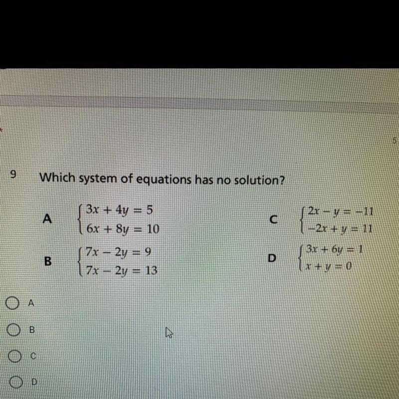 Which system of equations has no solution?-example-1