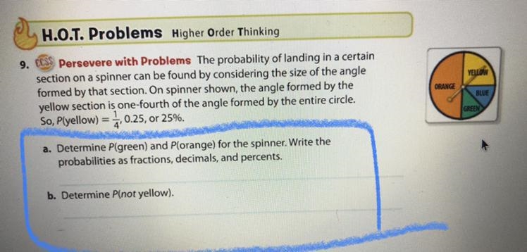 1. Determine P(green) and P(orange for the spinner. Write the probabilities as fractions-example-1