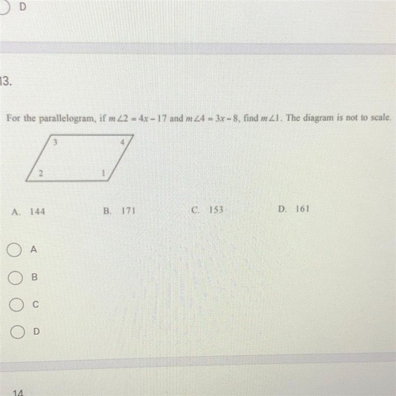 For the parallelogram, if m<2=4x-17 and m<4=3x-8, find m<1.-example-1