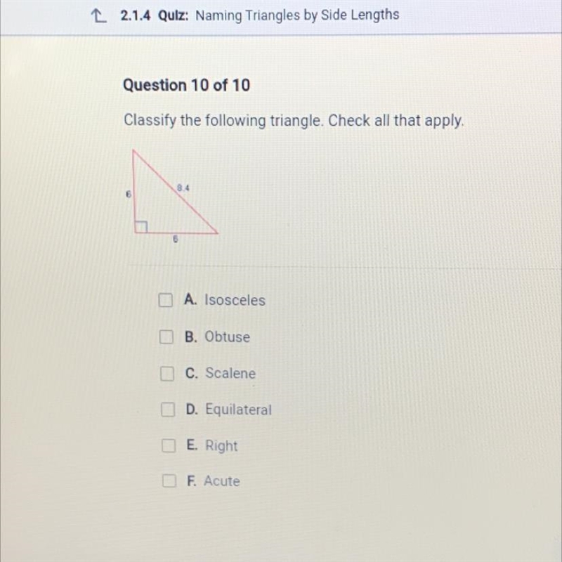 Classify the following triangle. Check all that apply. A. Isosceles B. Obtuse C. Scalene-example-1