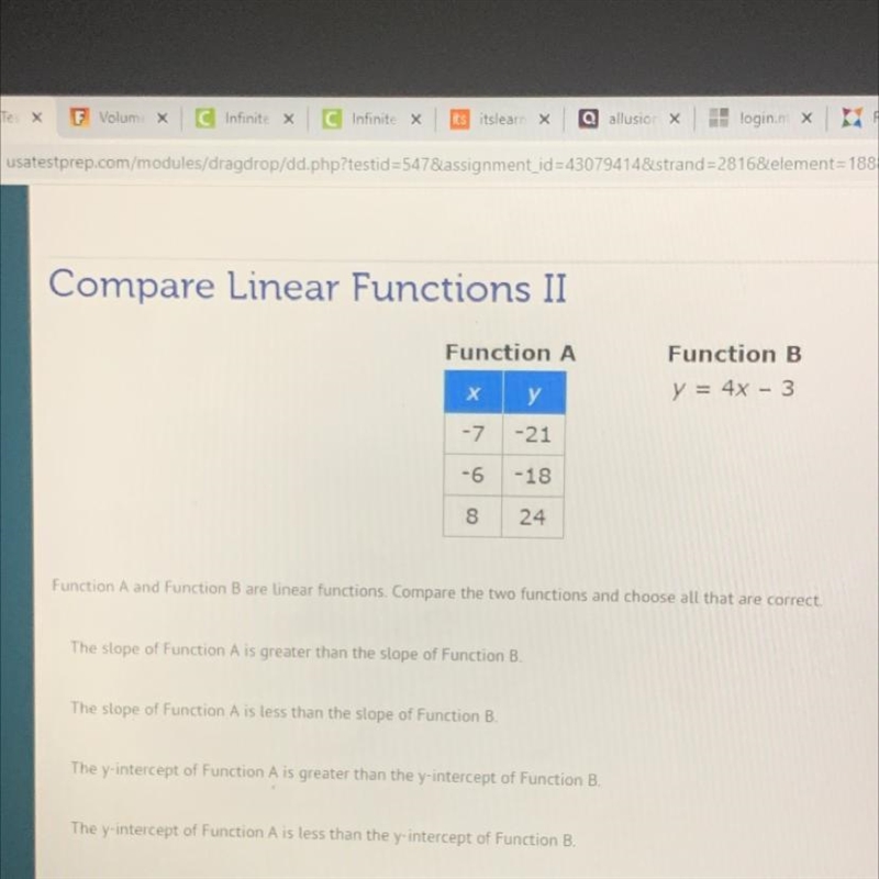 Function A and Function B are linear functions. Compare the two functions and choose-example-1