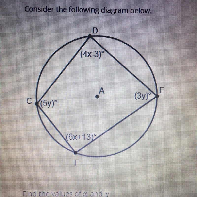 Consider the following diagram below. D (4x-3) (39) (5y) (6x+13) F Find the values-example-1