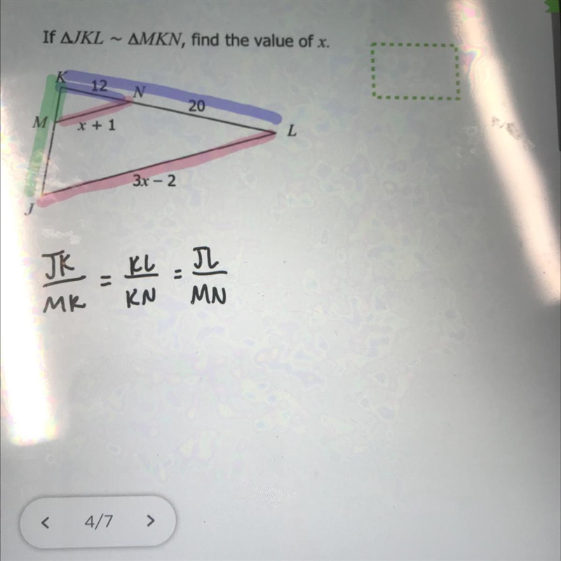 If AJKL ~ AMKN, find the value of x.-example-1