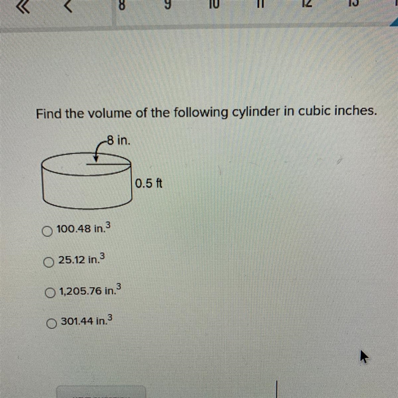 Find the volume of the following cylinder in cubic inches-example-1