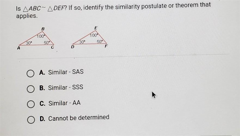 Is AABC-ADEF? If so, identify the similarity postulate or theorem that applies 30- A-example-1