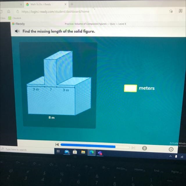 Find the missing length of the solid figure. 3 m ? 3 m meters 8 m-example-1