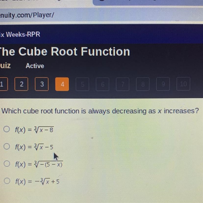 Which cube root function is always decreasing as x increases? O f(x) = }X-8 O f(x-example-1