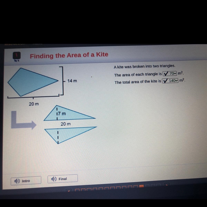 The area of each triangle is 70 The area of the kite is 140-example-1