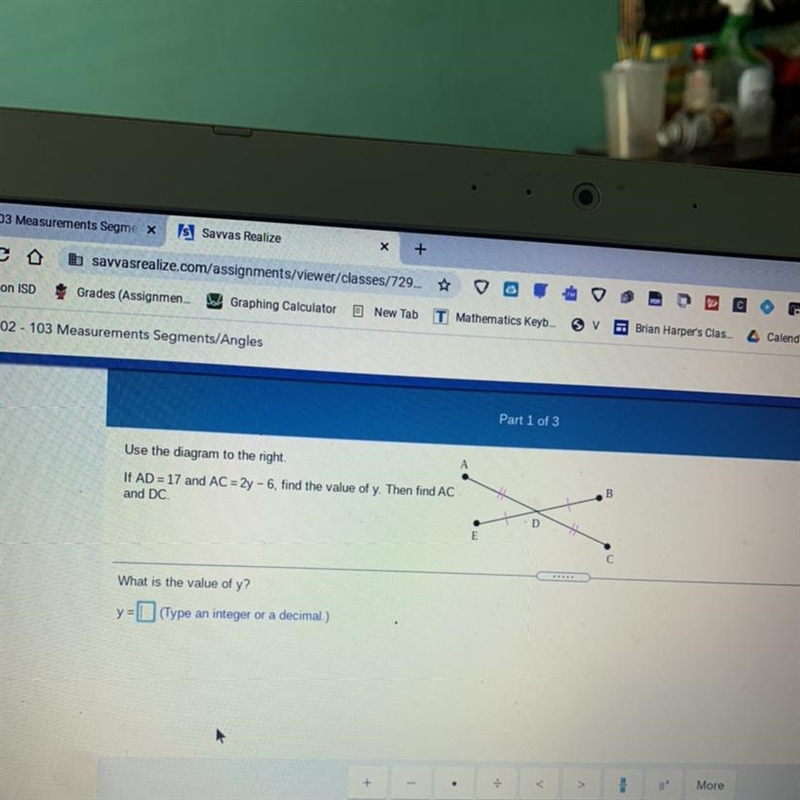 Use the diagram to the right. If AD = 17 and AC = 2y - 6, find the value of y. Then-example-1