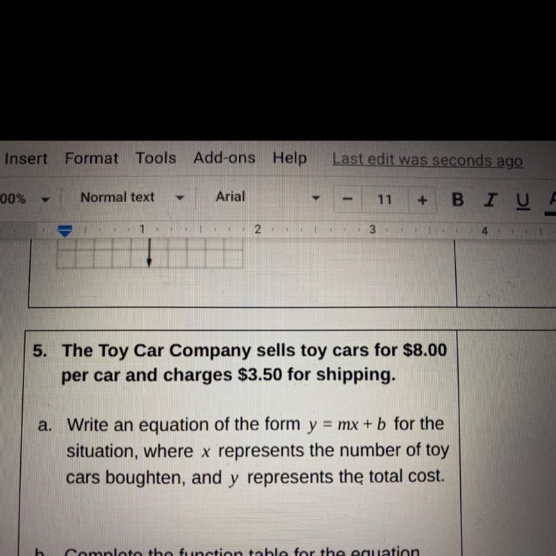 5. The Toy Car Company sells toy cars for $8.00 per car and charges $3.50 for shipping-example-1