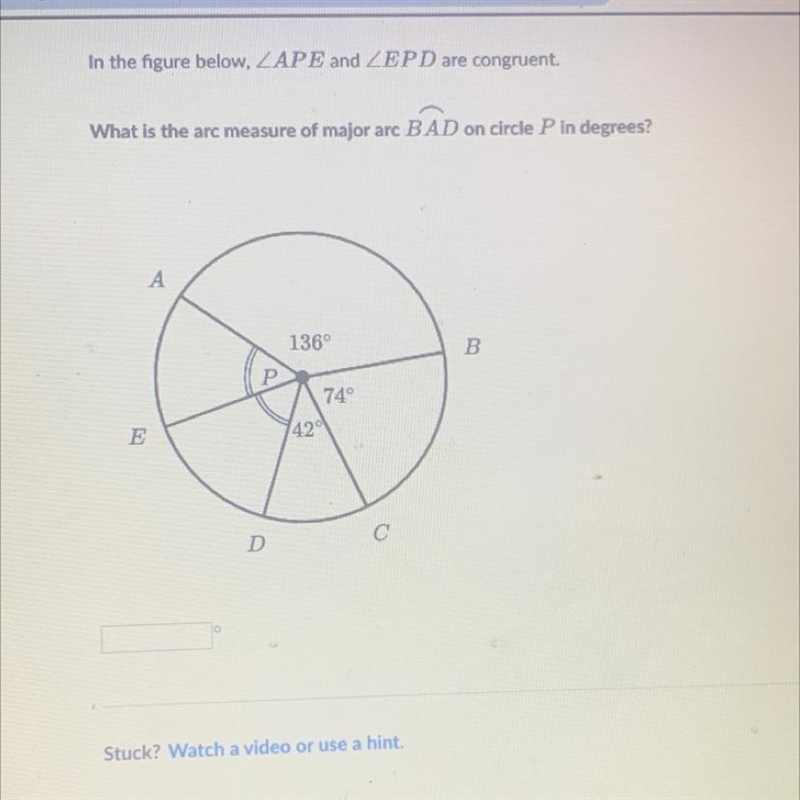 In the figure below, ZAPE and ZEPD are congruent. What is the arc measure of major-example-1