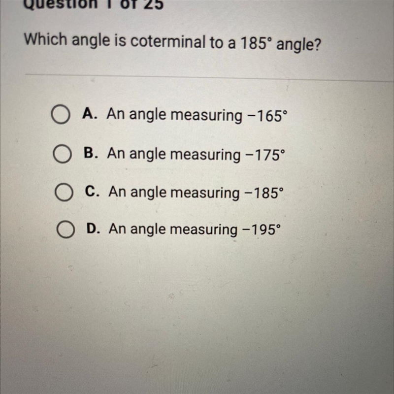 Which angle is coterminal to a 185° angle?-example-1