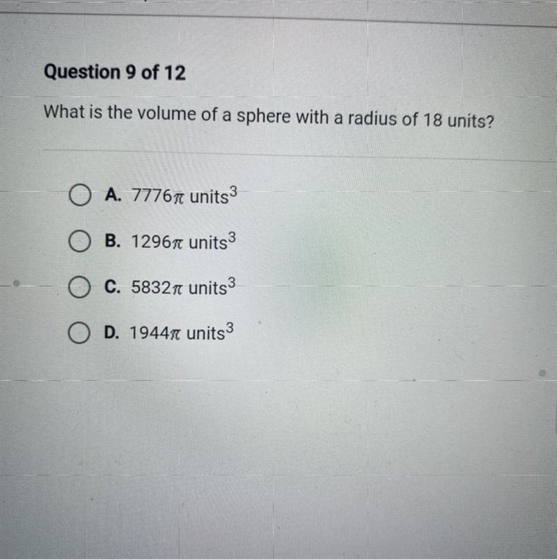 What is the volume of a sphere with a radius of 18 units? A. 77767 units3 B. 12967 units-example-1