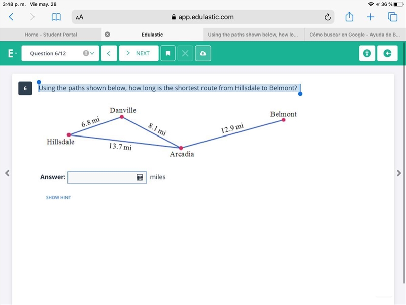 Using the paths shown below, how long is the shortest route from Hillsdale to Belmont-example-1