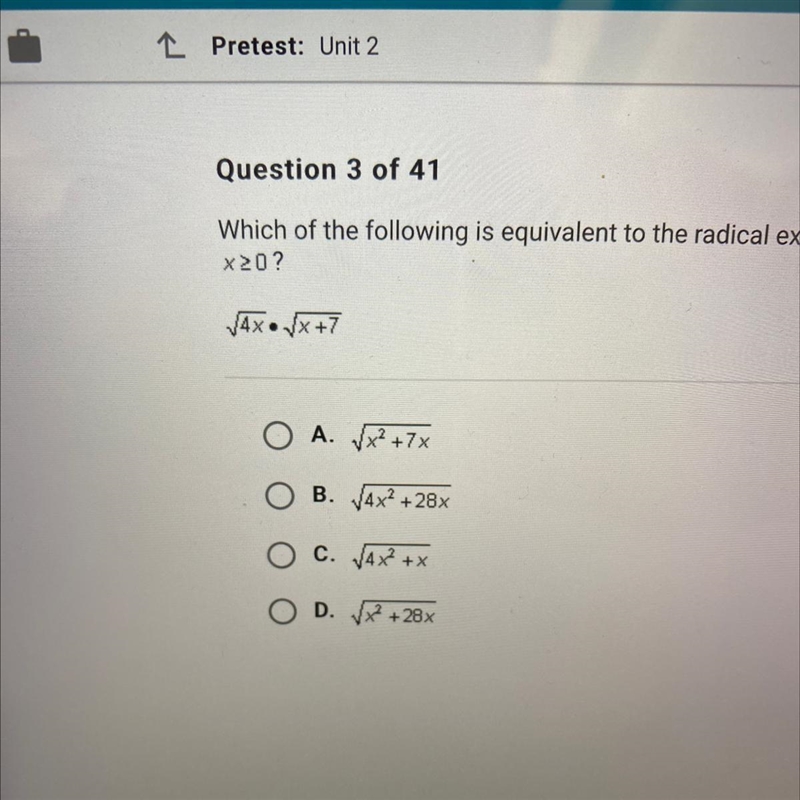 Which of the following is equivalent to the radical expression below when x20? VAX-example-1