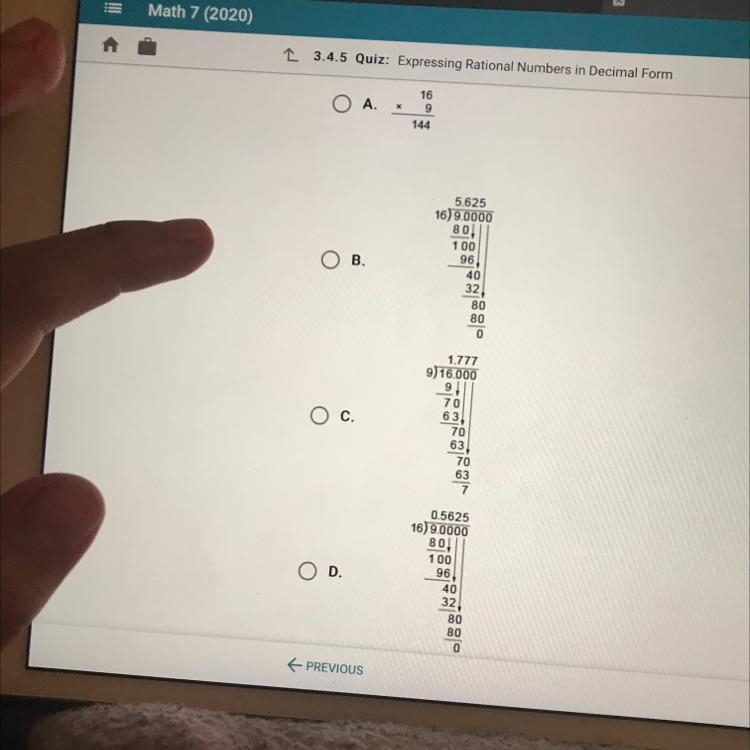 Which calculation and answer show how to convert 9/16 to a decimal?-example-1