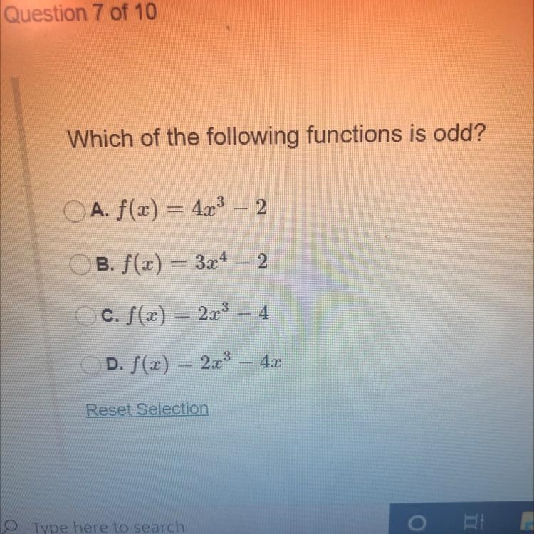 Which of the following functions is odd? PLZ HELP URGENT-example-1