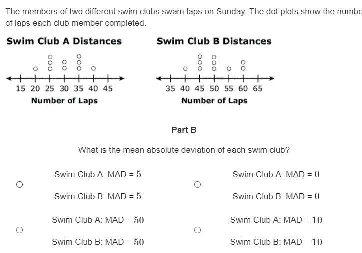 What is the mean absolute deviation of each swim club? A:5 B:50 C:0 D:10-example-1