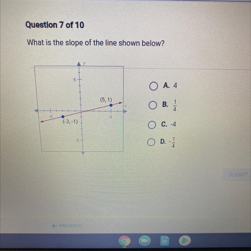 What is the slope of the line shown below? A. 4 (5, 1) O B. 1 4 (-3,-1) C. -4 -5 O-example-1