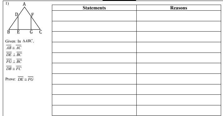 Given: In Triangle ABC, DB congruent FC, FG⊥BC, DE⊥BC, and AB congruent AC. Prove-example-1