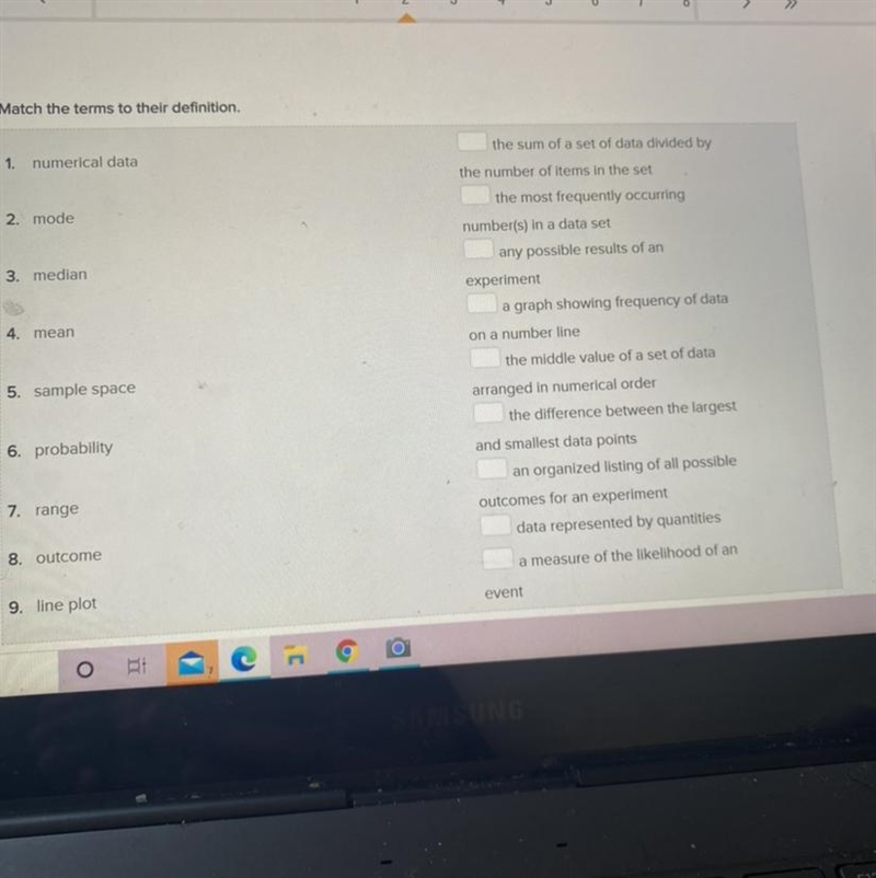Helppp !!!!?Match the terms to their definition. 1. numerical data 2. mode the sum-example-1