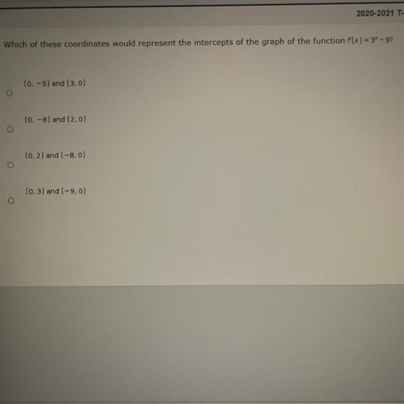 Which of these coordinates would represent the intercepts of the graph of the function-example-1