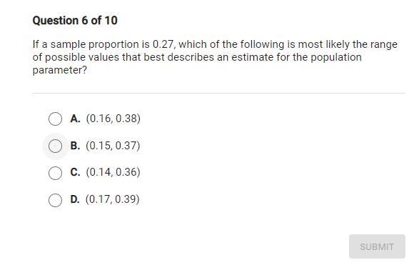 If a sample proportion is 0.27, which of the following is most likely the range of-example-1