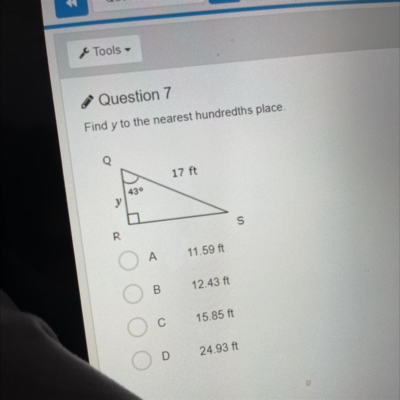 HELP PLSSSSS!!! Find y to the nearest hundredths place. A 11.59 ft B 12.43 ft С 15.85 ft-example-1