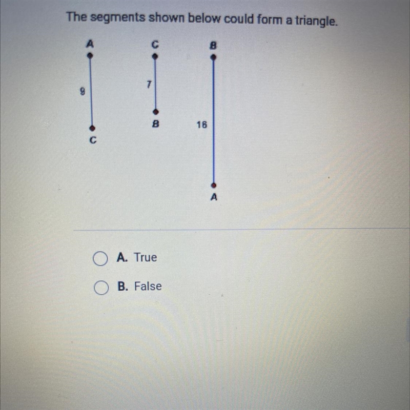 The segments shown below could form a triangle. A. True B. False-example-1